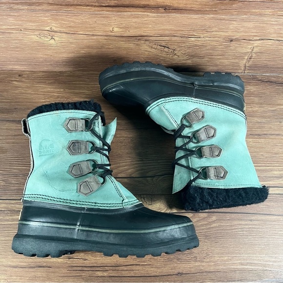SOREL Caribou Green Leather Snow Boots Winter Shoes Women’s Size 9 Lace Up - Picture 2 of 10